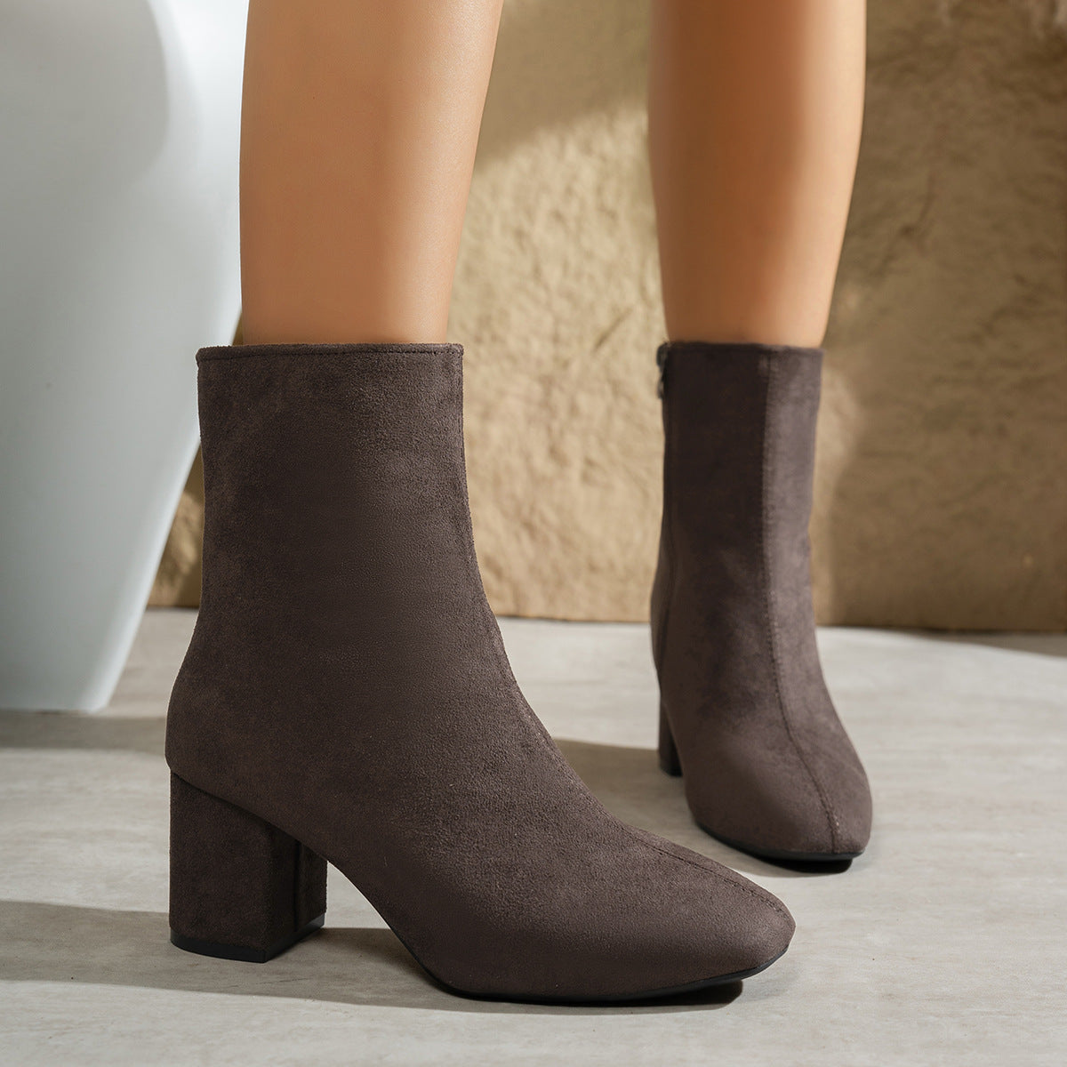 Suede Ankle Boots with Block Heel and Pointed Toe