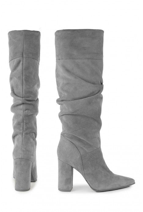Suede Knee High Boots with Block Heel and Slouch Detail