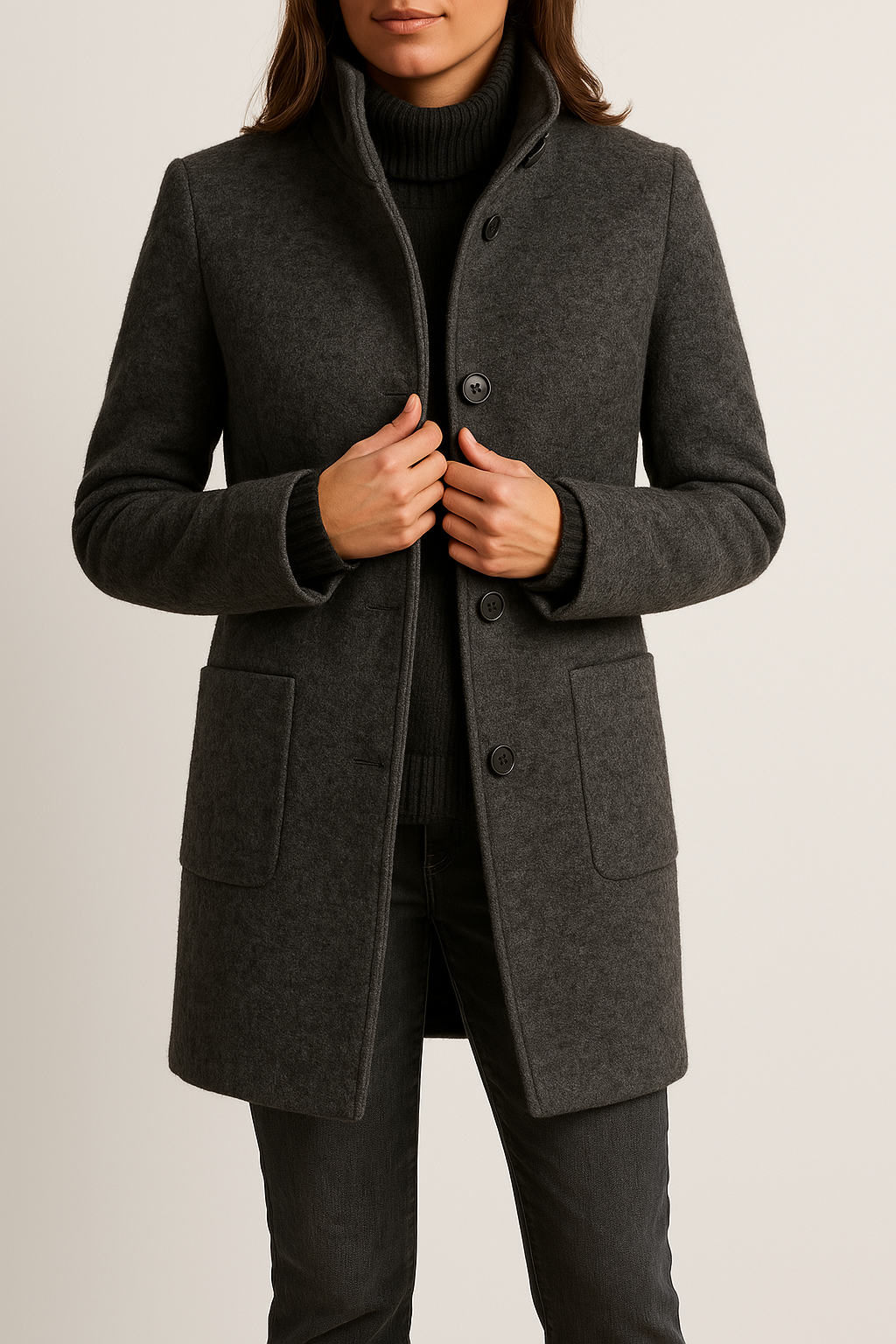 Tailored Wool Coat with High Neck and Patch Pockets