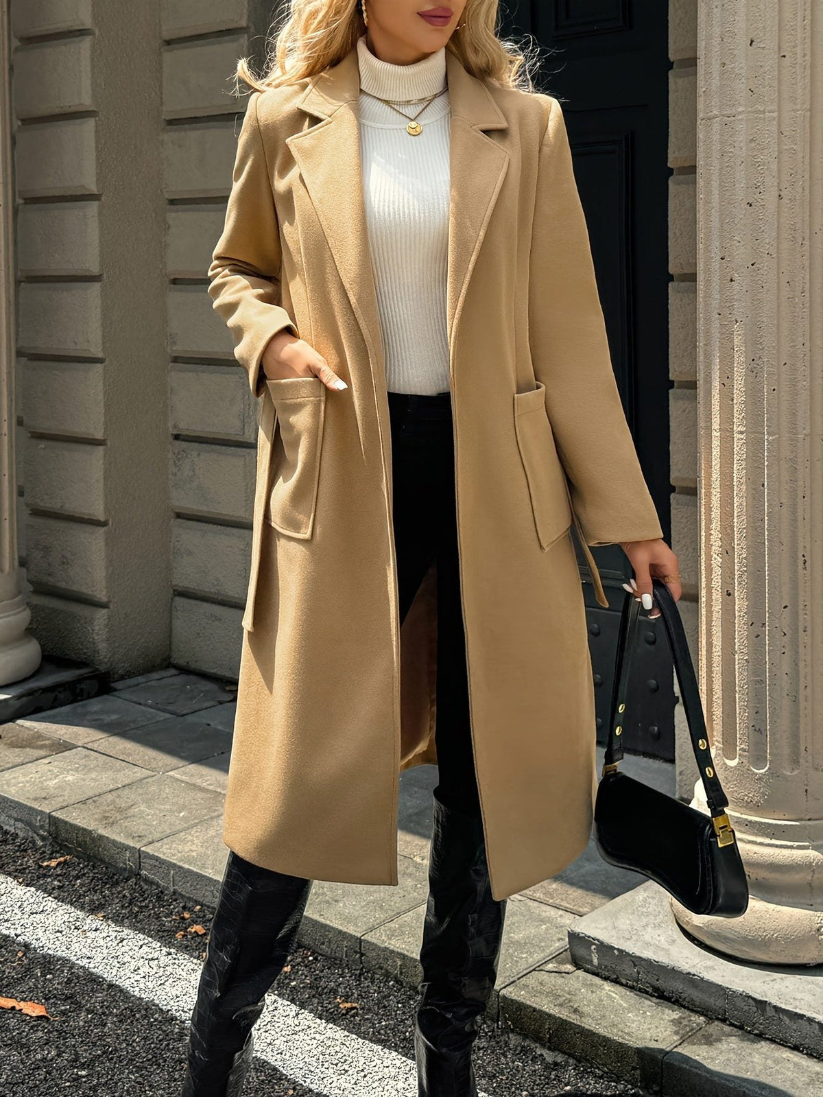 Timeless Belted Wool Coat with Patch Pockets and Wide Collar
