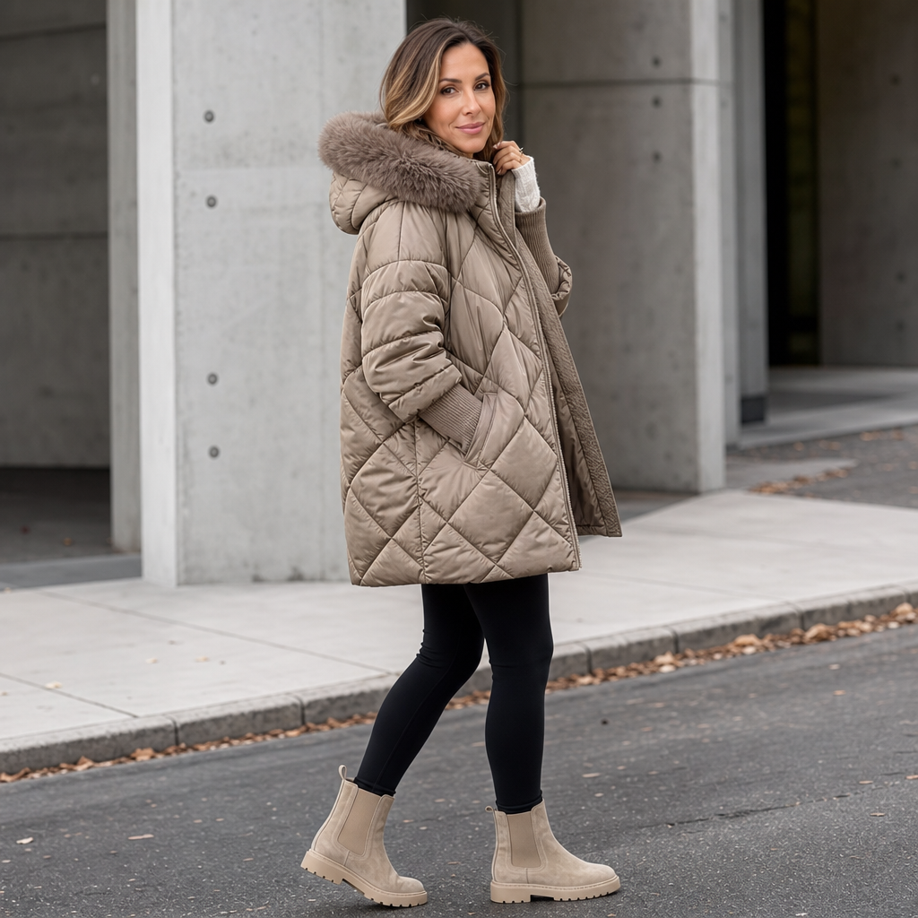 Warm Diamond Quilted Puffer Coat with Fur Hood and Knit Cuffs