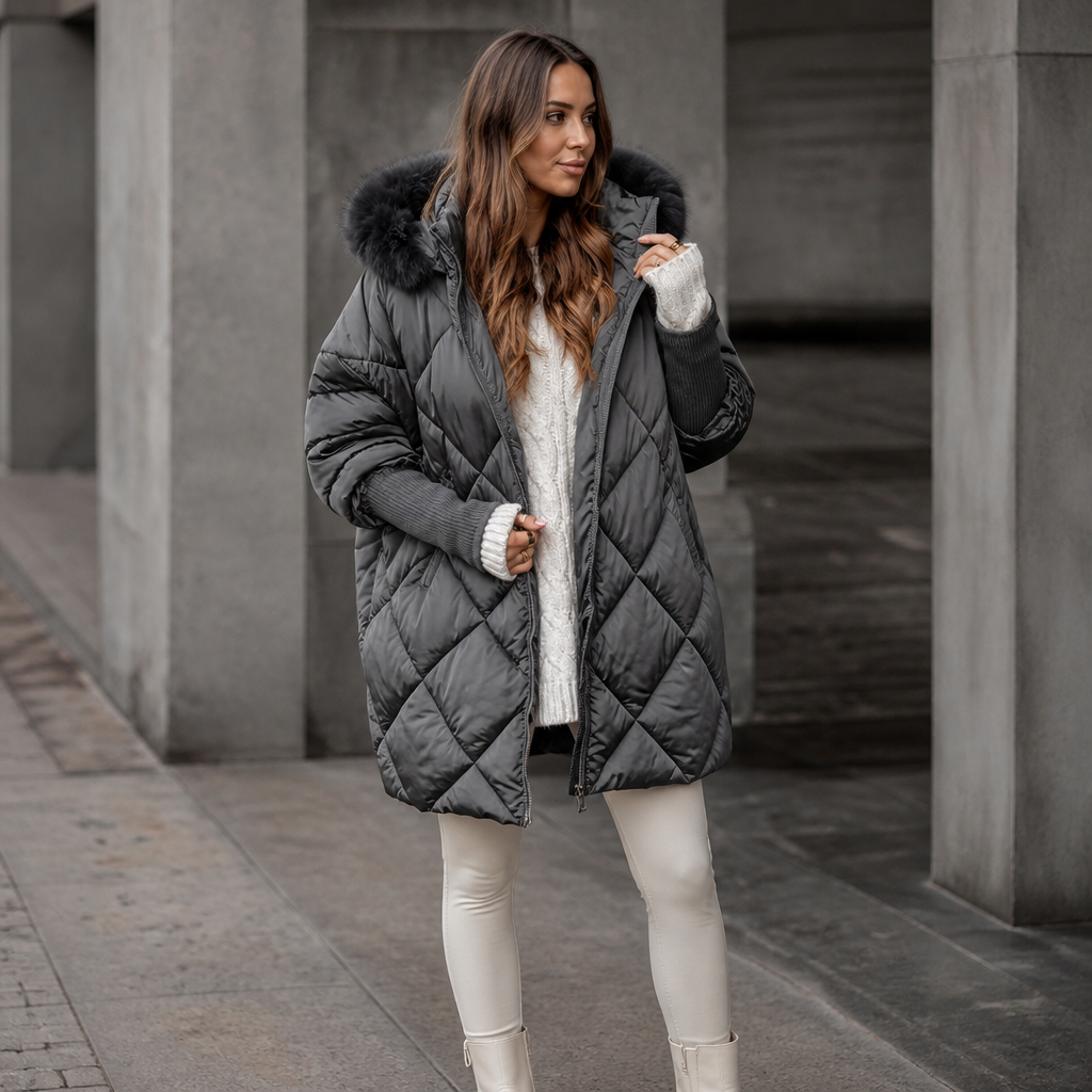 Warm Diamond Quilted Puffer Coat with Fur Hood and Knit Cuffs