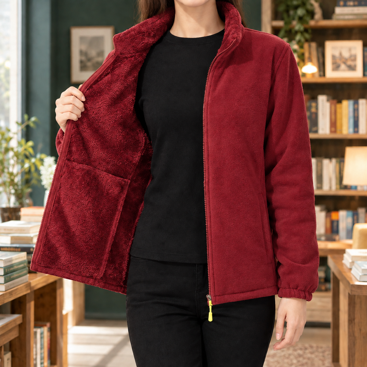 Warm Fleece Jacket with Sherpa Lining and Stand Collar