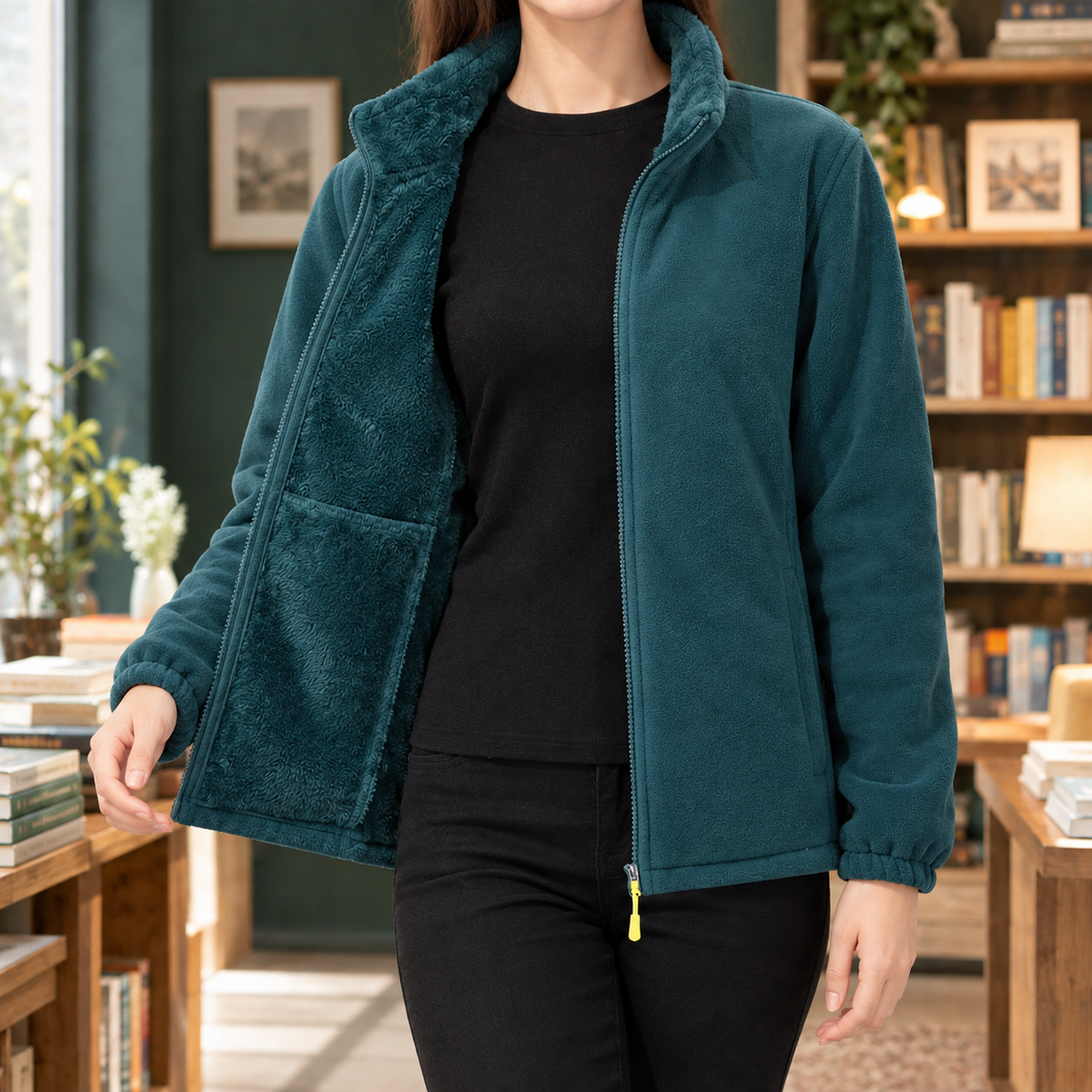 Warm Fleece Jacket with Sherpa Lining and Stand Collar