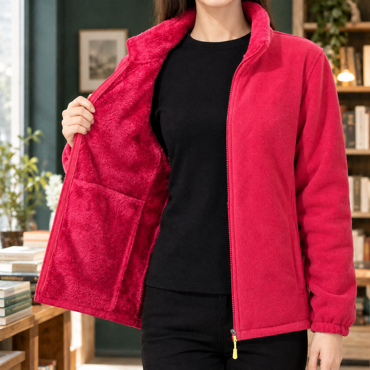 Warm Fleece Jacket with Sherpa Lining and Stand Collar