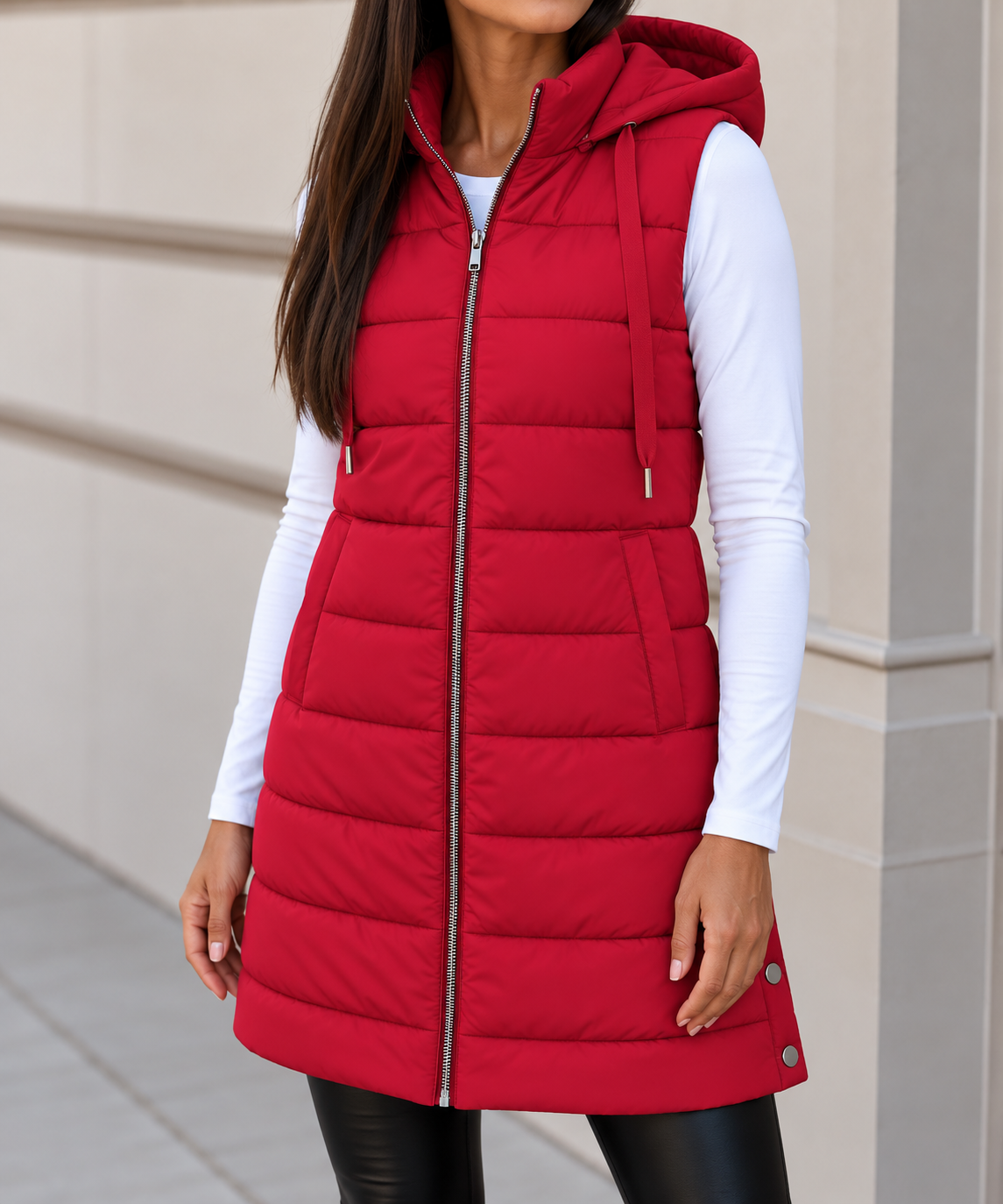 Warm Long Hooded Puffer Gilet with Snap Hem Detail