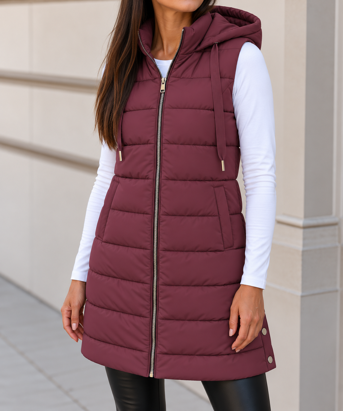 Warm Long Hooded Puffer Gilet with Snap Hem Detail