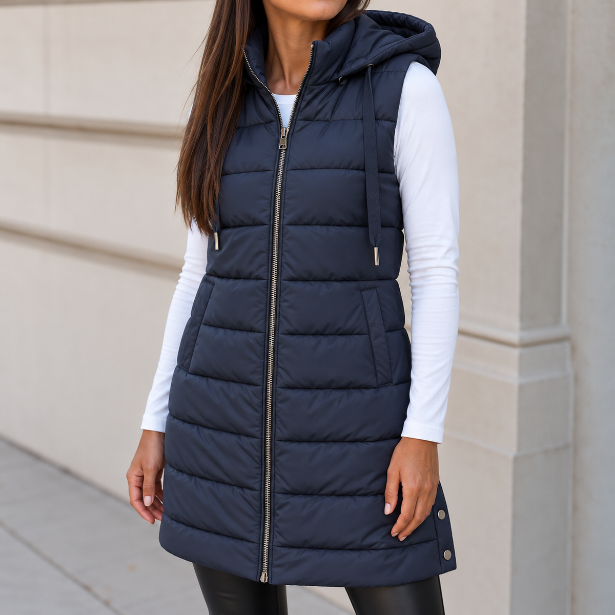 Warm Long Hooded Puffer Gilet with Snap Hem Detail