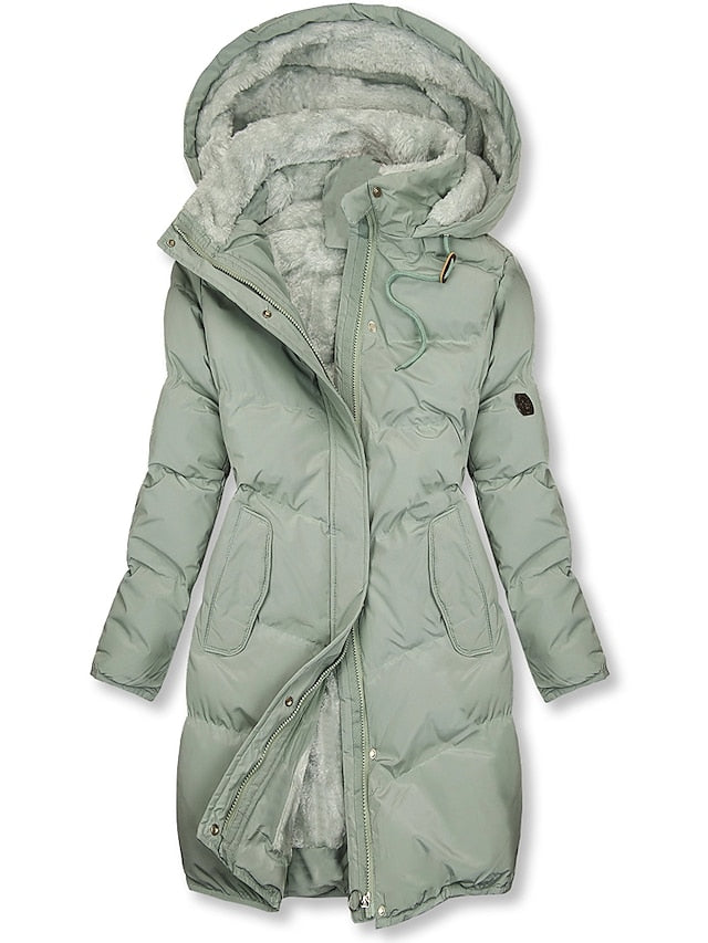 Warm Long Puffer Jacket with Sherpa Lining and Hood
