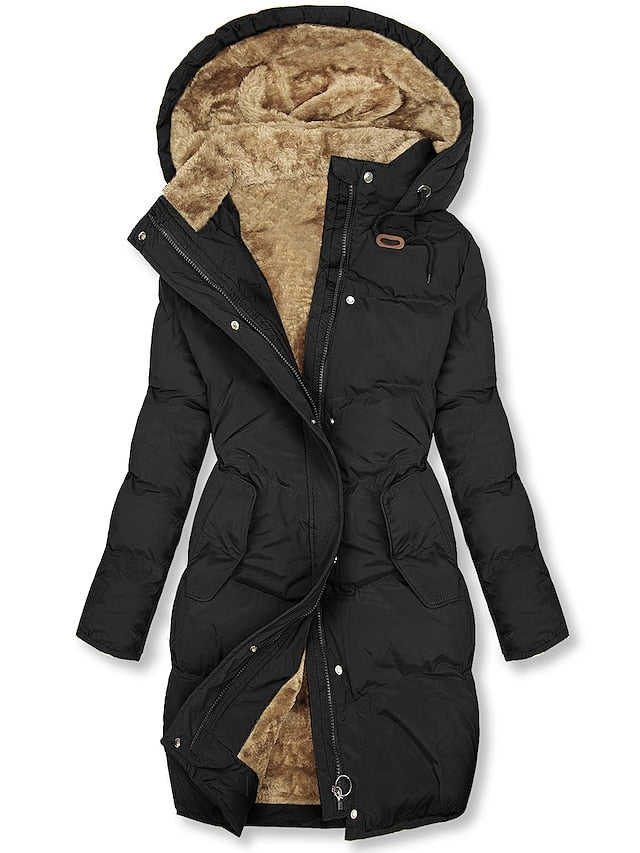 Warm Long Puffer Jacket with Sherpa Lining and Hood