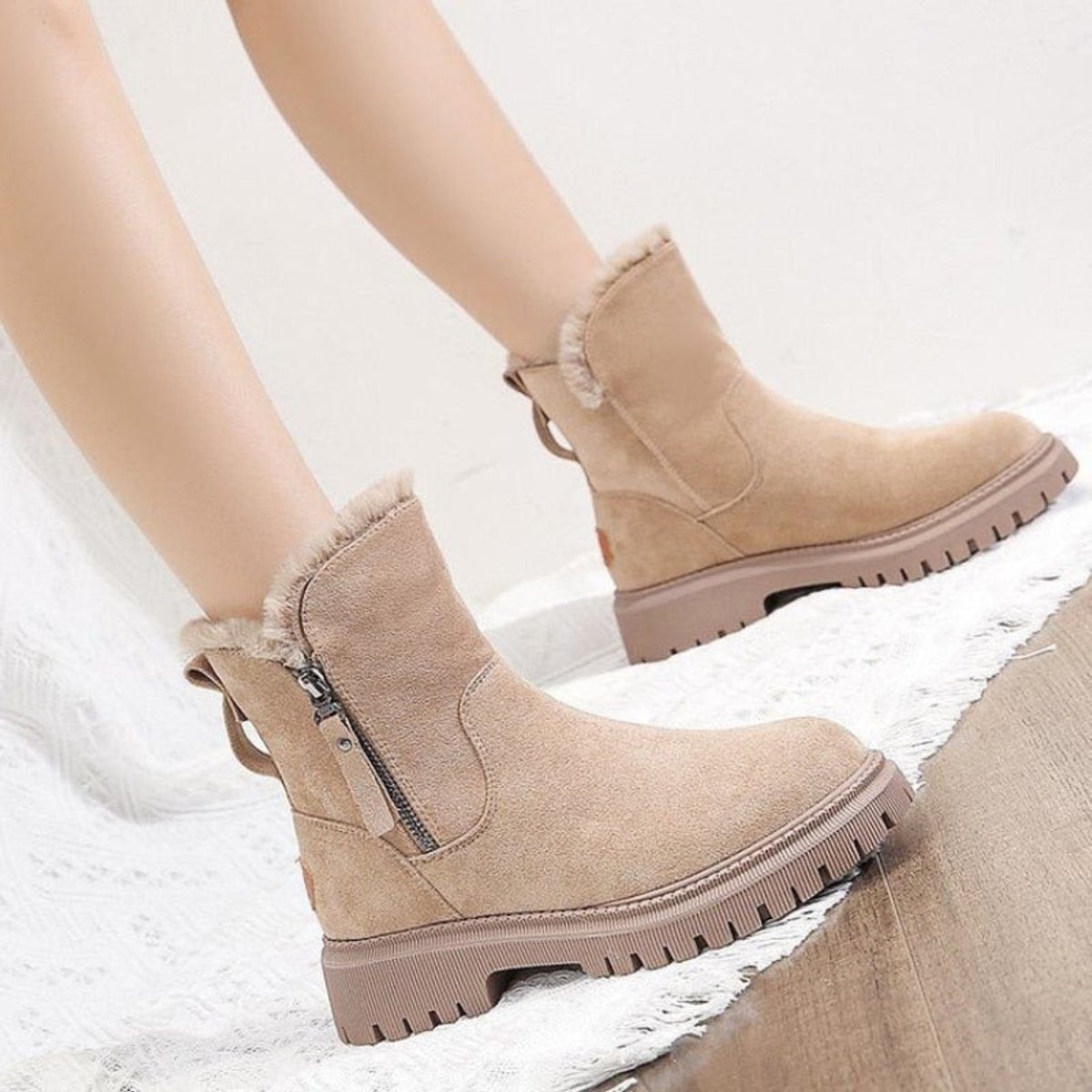 Warm Suede Ankle Boots with Fleece Lining and Chunky Sole
