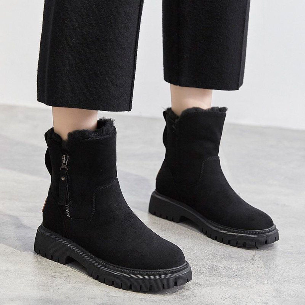 Warm Suede Ankle Boots with Fleece Lining and Chunky Sole