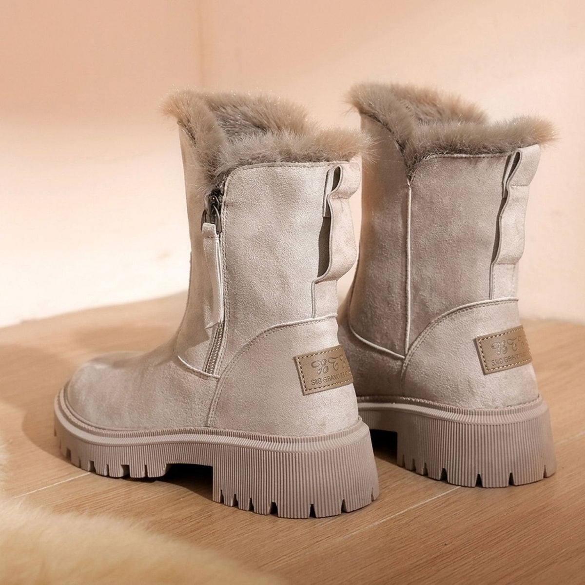 Warm Suede Ankle Boots with Fur Trim and Chunky Lug Sole