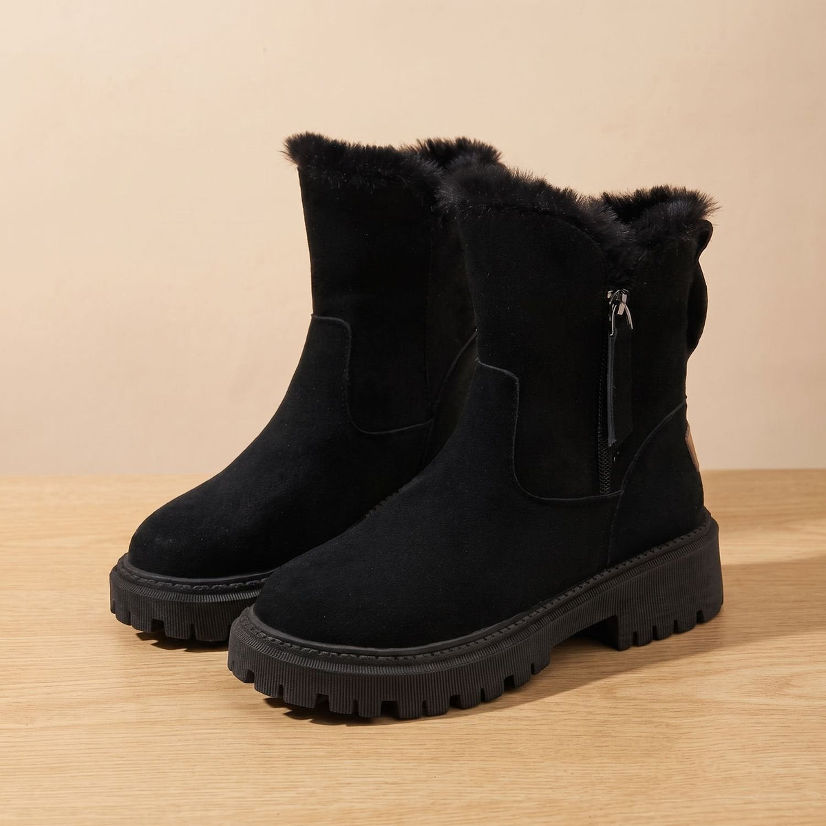 Warm Suede Ankle Boots with Fur Trim and Chunky Lug Sole