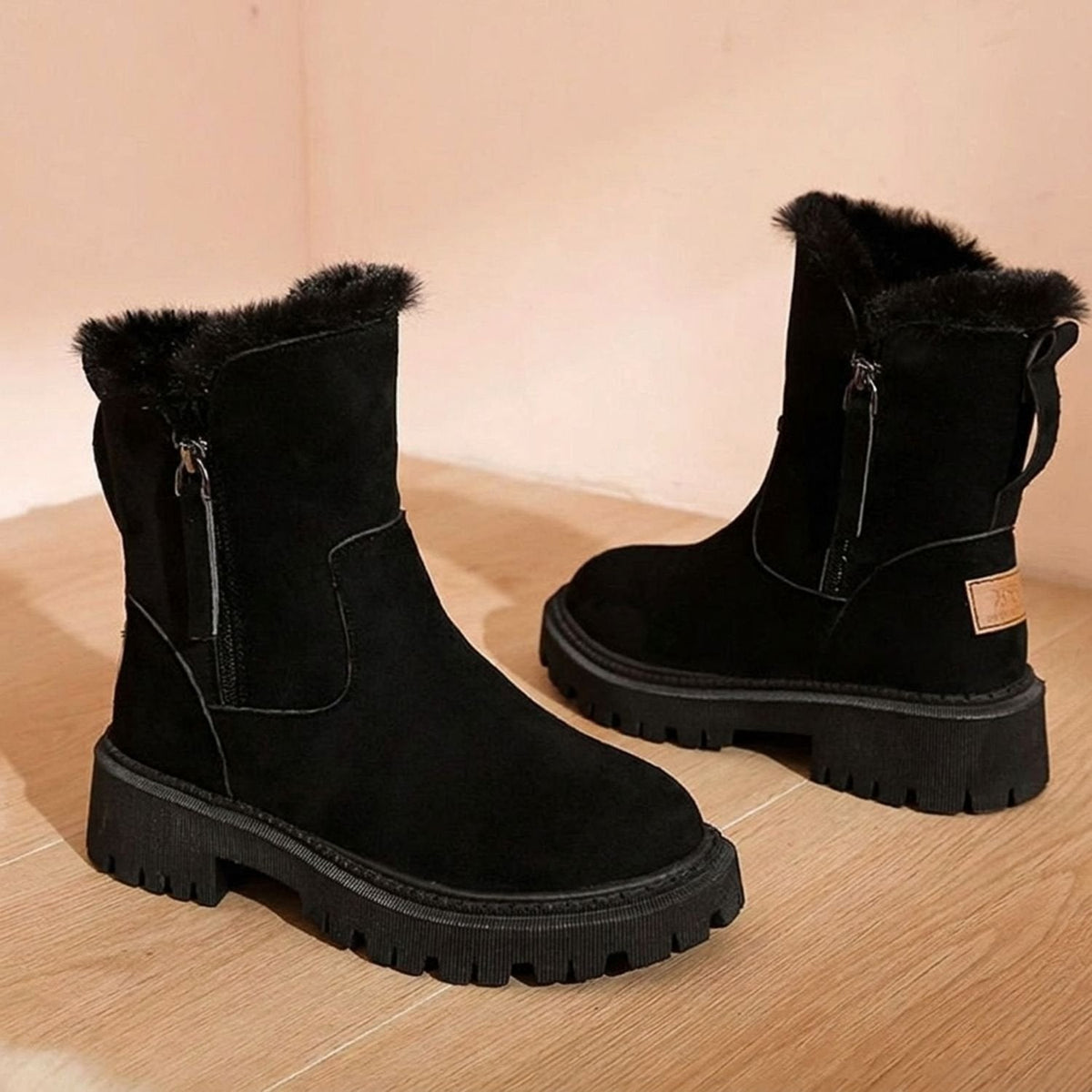 Warm Suede Ankle Boots with Fur Trim and Chunky Lug Sole
