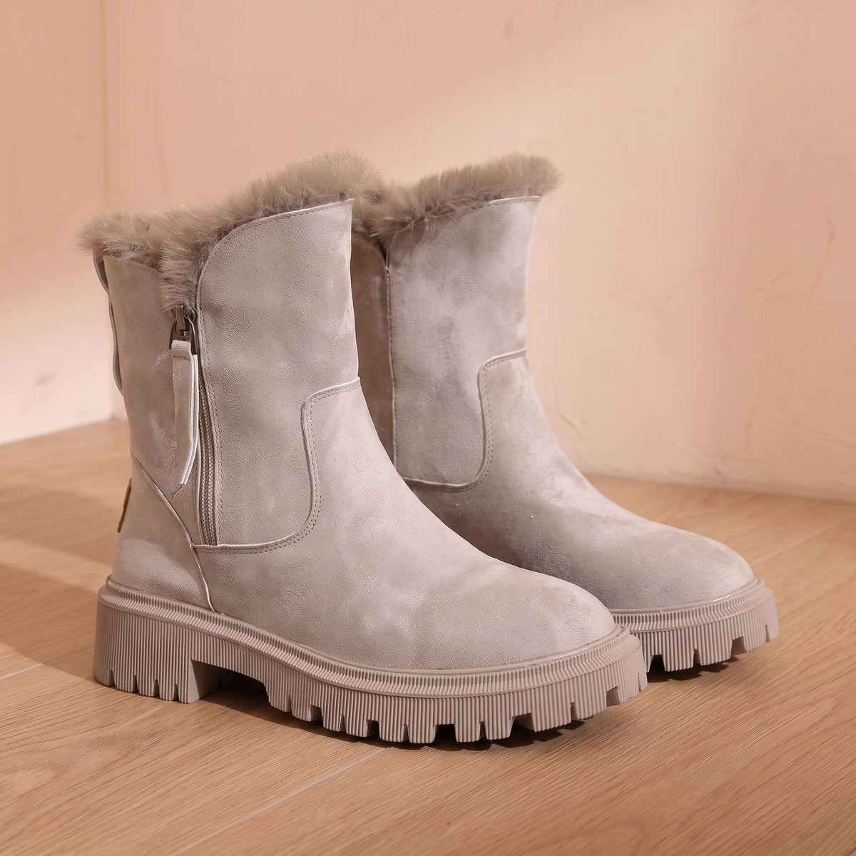 Warm Suede Ankle Boots with Fur Trim and Chunky Lug Sole