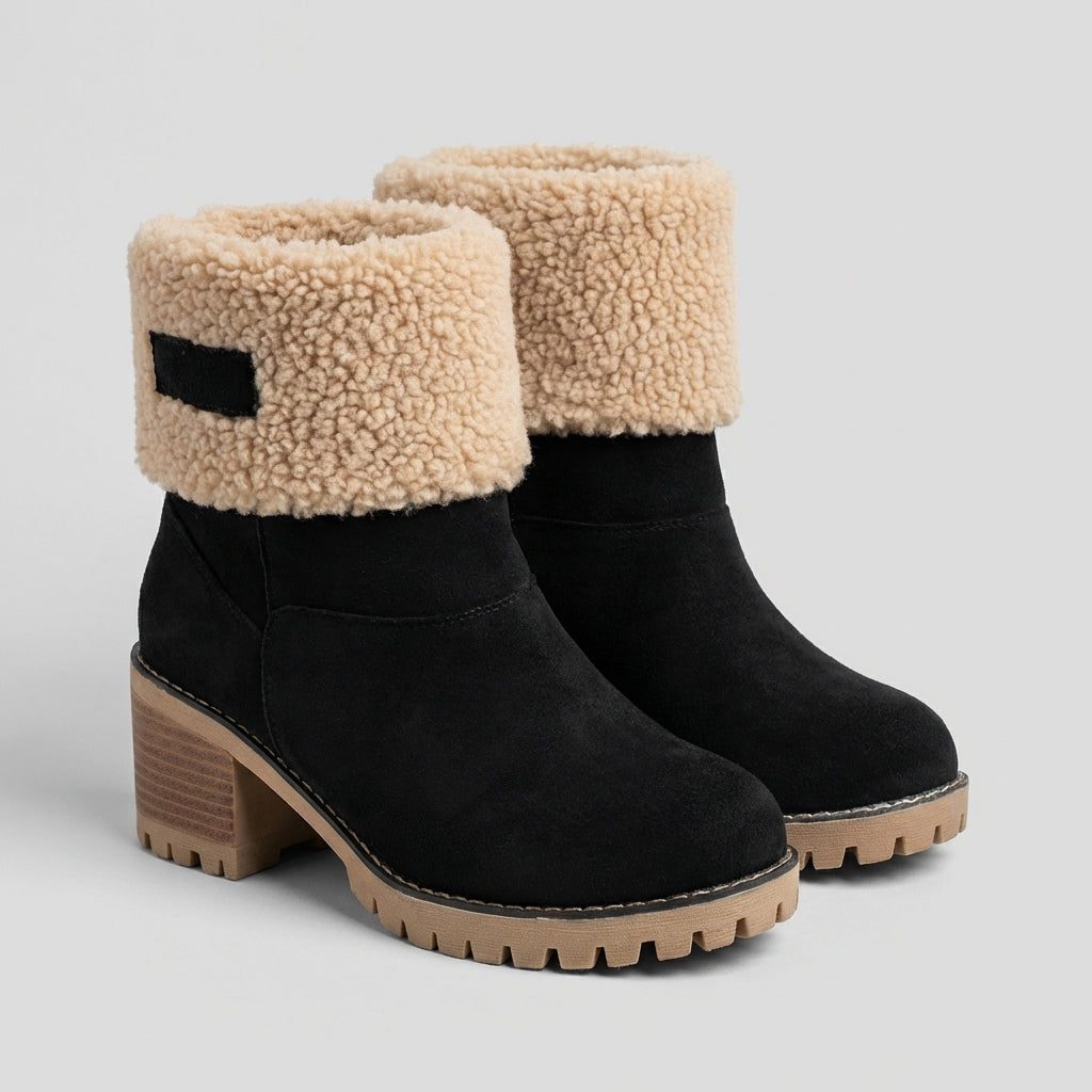 Warm Suede Winter Boots with Sherpa Cuff and Block Heel
