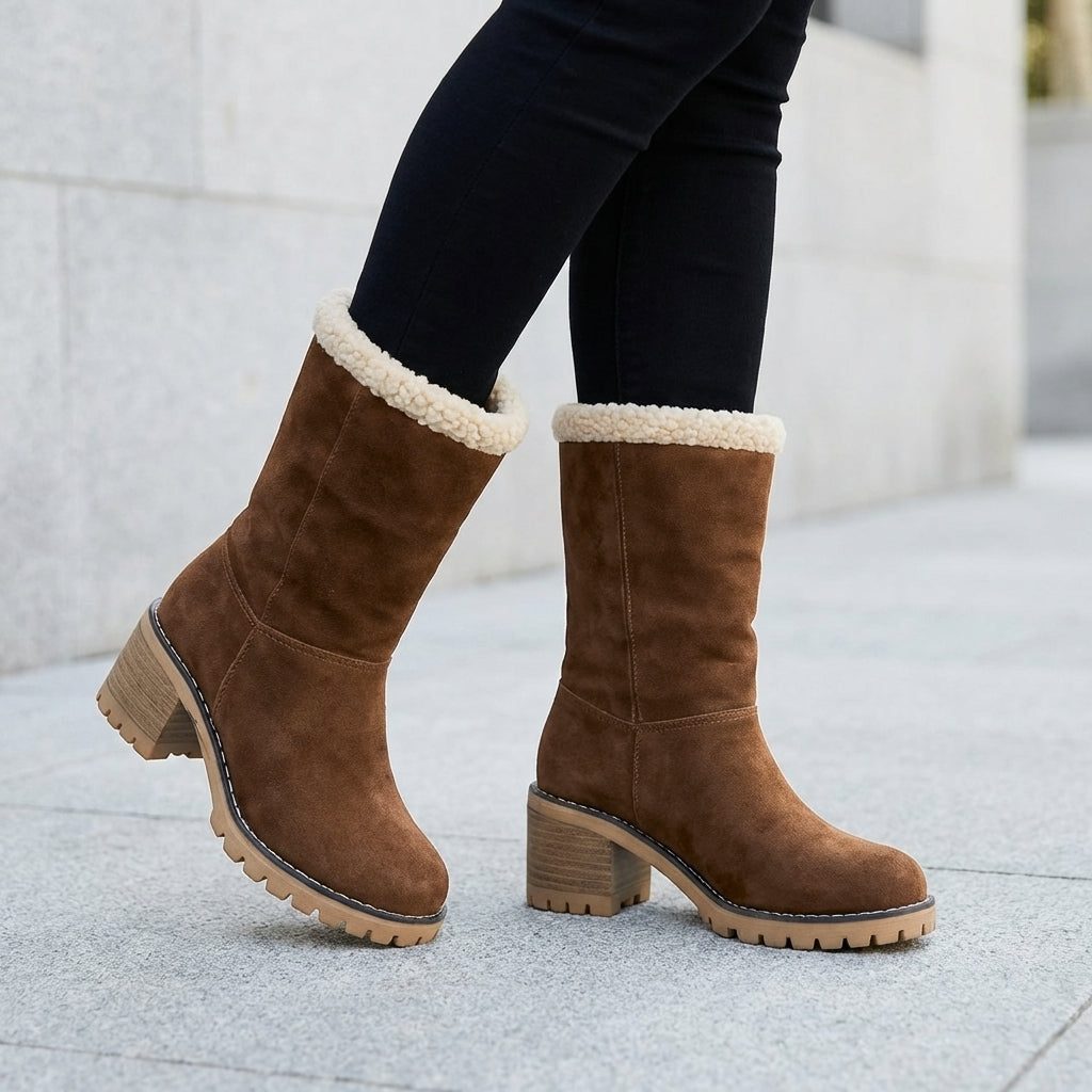 Warm Suede Winter Boots with Sherpa Cuff and Block Heel