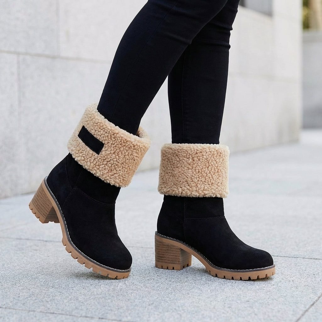 Warm Suede Winter Boots with Sherpa Cuff and Block Heel