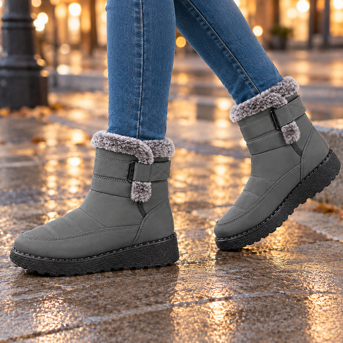 Warm Winter Ankle Boots with Fur Collar and Buckle Strap