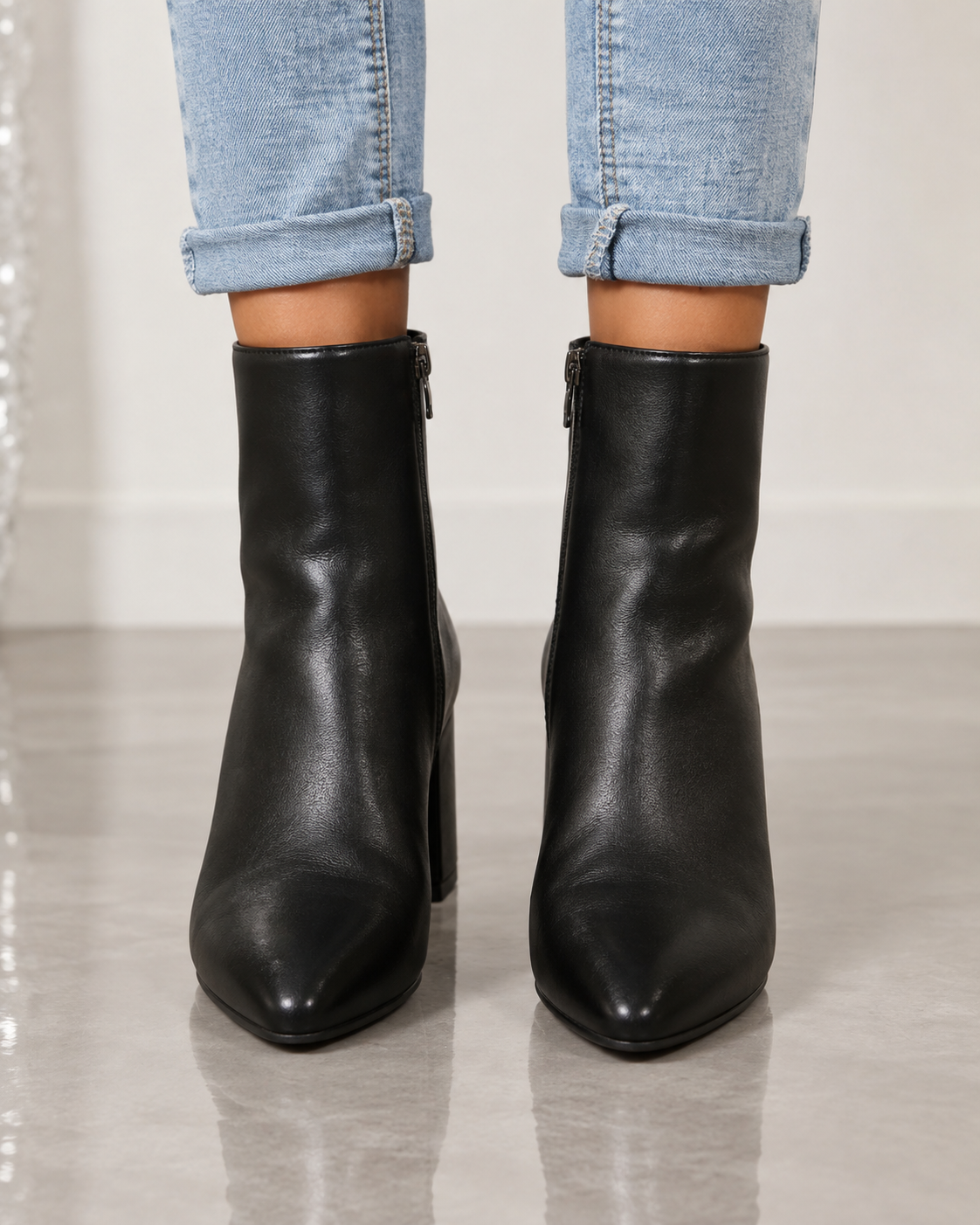 Pointed Toe Leather Ankle Boots with Block Heel