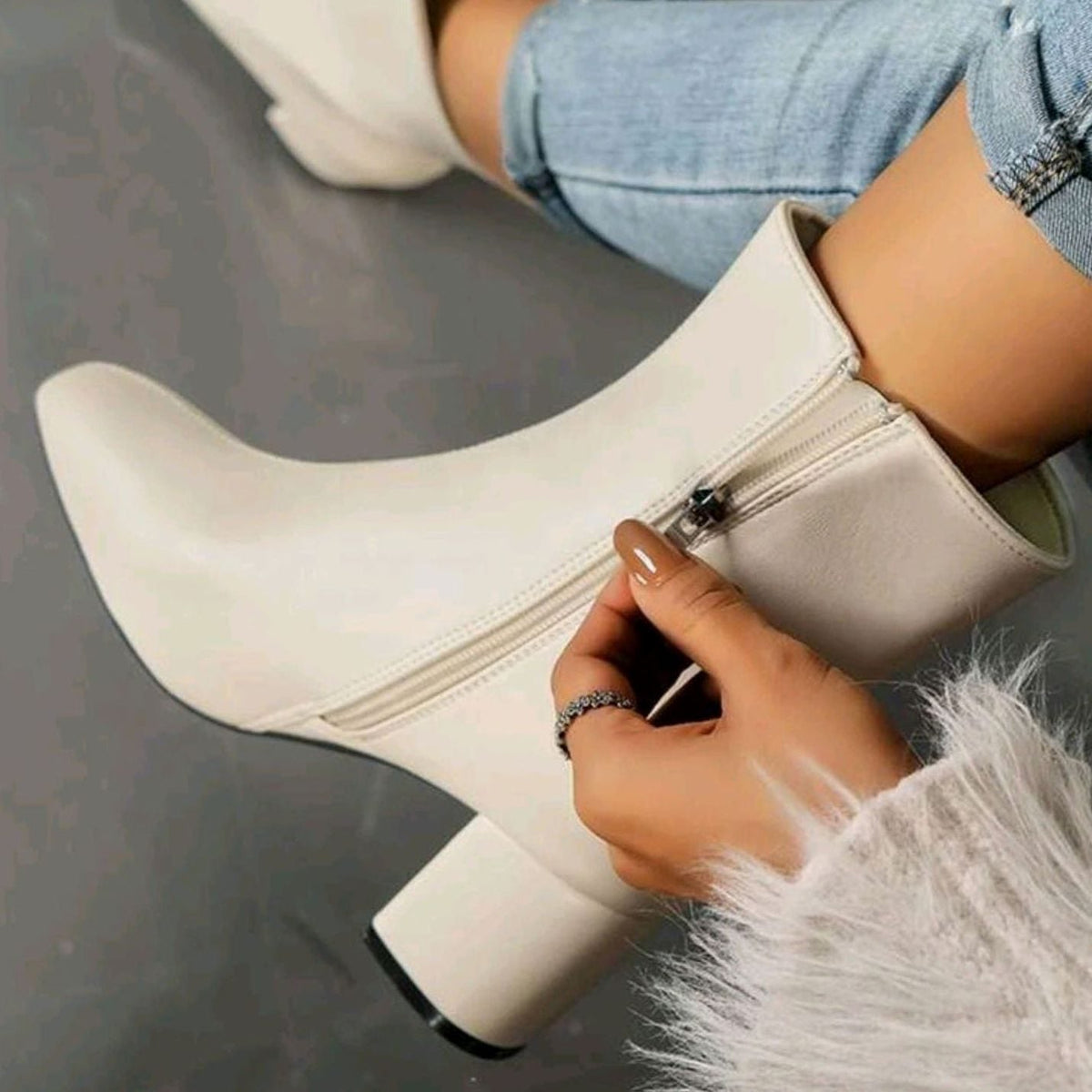 Pointed Toe Leather Ankle Boots with Block Heel
