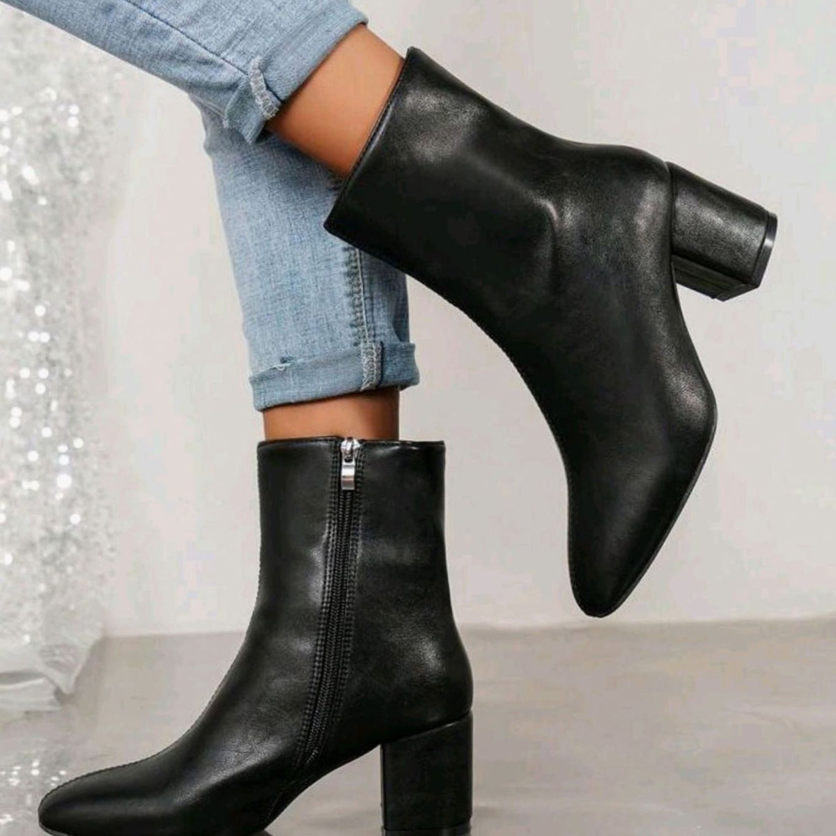 Pointed Toe Leather Ankle Boots with Block Heel