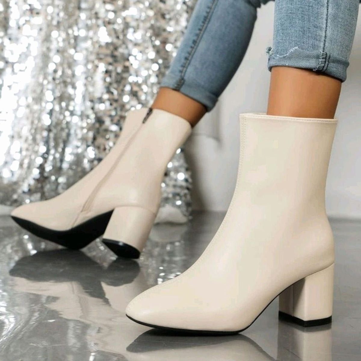 Pointed Toe Leather Ankle Boots with Block Heel
