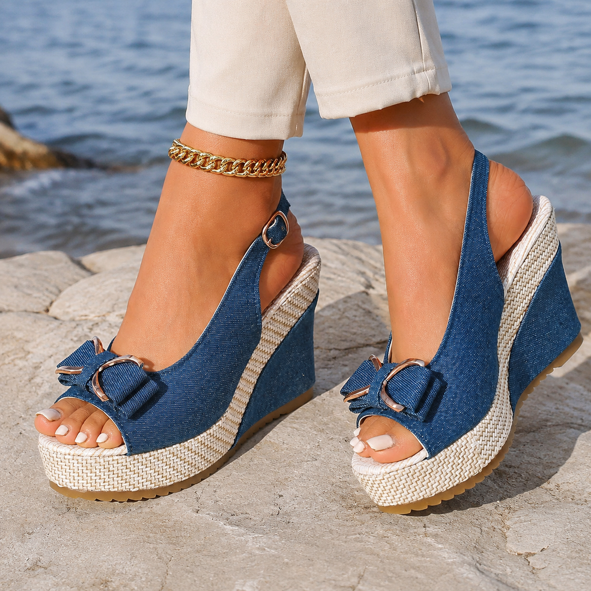 Taormina Denim Wedge Sandals
