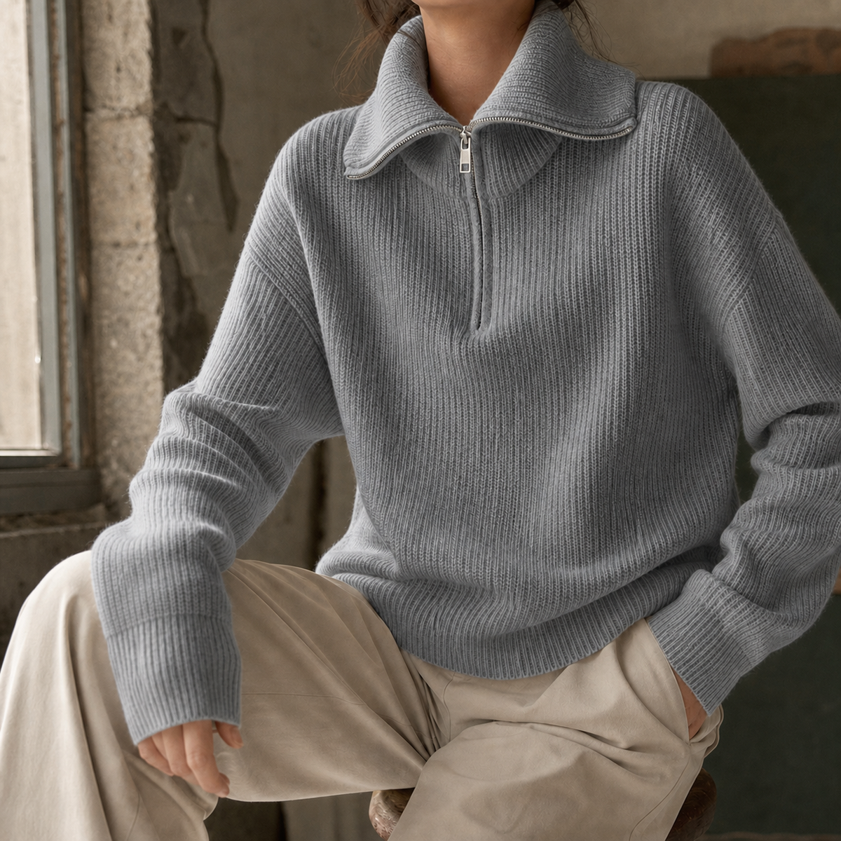 Xaviera-Sage Zip Neck Sweater