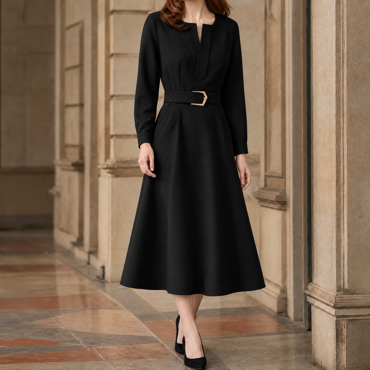Autumn-Jade Belted A-Line Dress