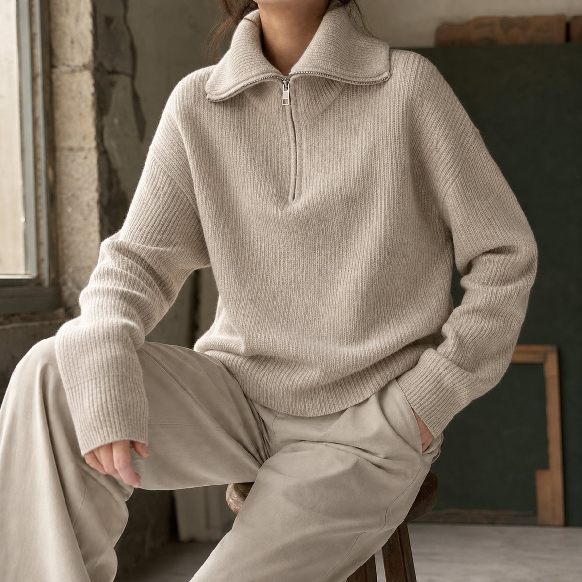 Xaviera-Sage Zip Neck Sweater