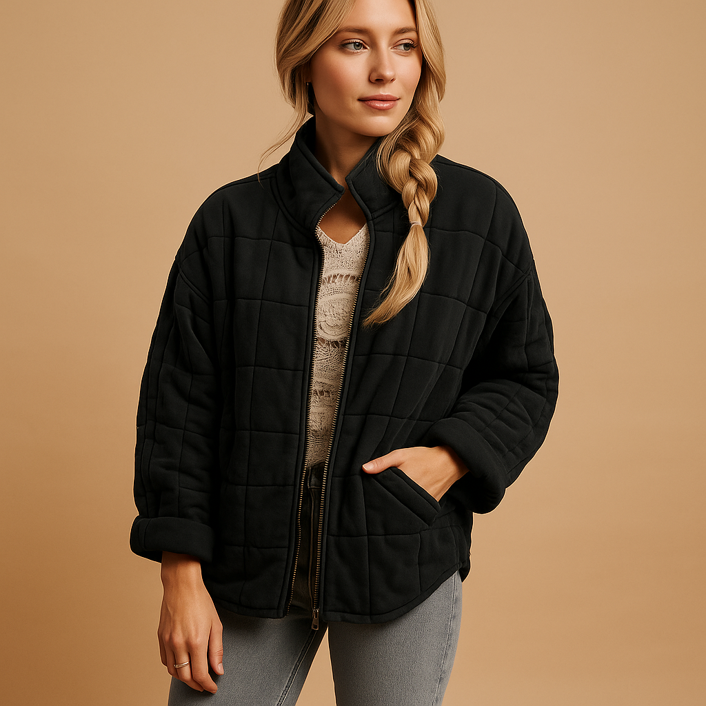 Relaxed Quilted Jacket with Stand Collar and Side Pockets