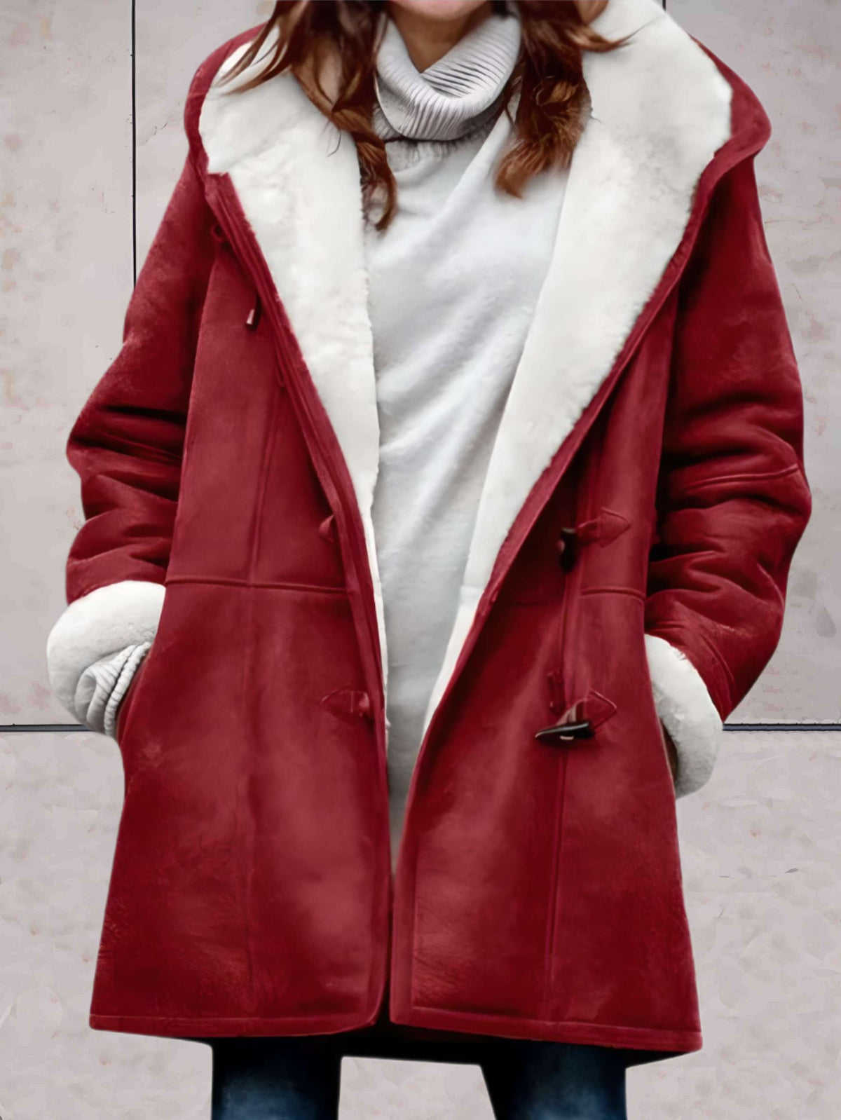 Hooded Suede Coat with Sherpa Lining and Toggle Closure