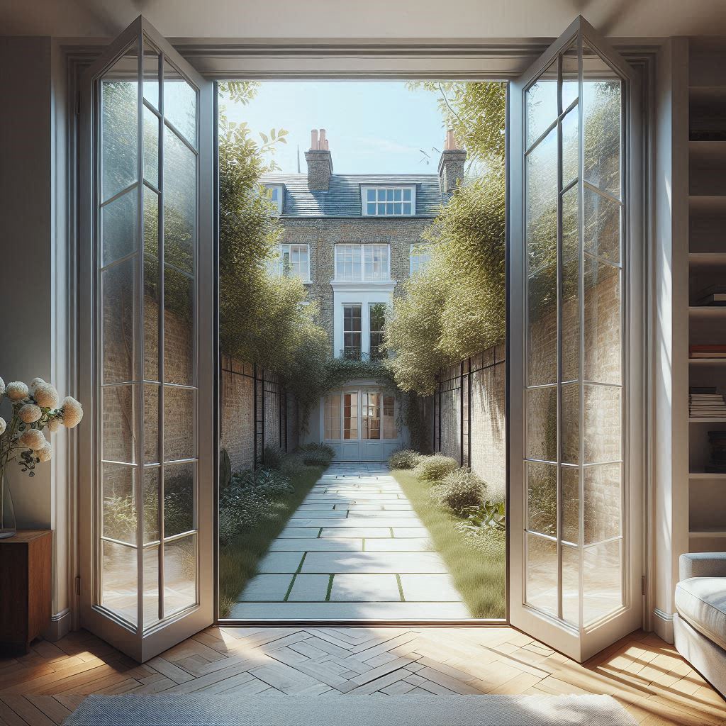 Sliding glass doors in a Chelsea town house, overlooking a small courtyard