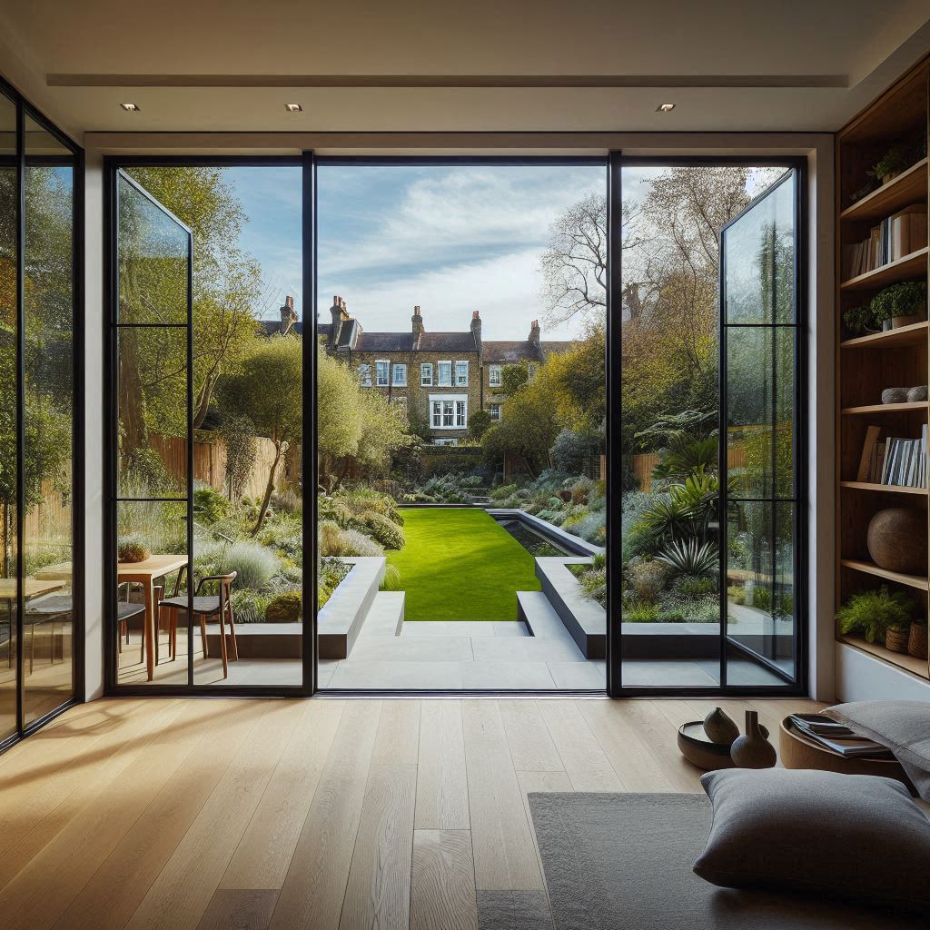 Open glass doors overlooking a garden in a Hampstead town house